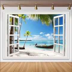 Lofaris Idyllischer Tropenstrand Hintergrund mit Palmen und blauem Meer, realistische Fensterblick Kulisse für entspannte Fotoshootings