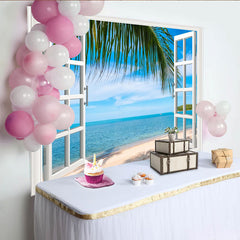 Lofaris Offener Fensterblick Hintergrund mit tropischem Strand und Palmen, perfekte Fotokulisse für Sommerurlaub und entspannte Atmosphäre