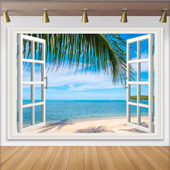 Lofaris Offener Fensterblick Hintergrund mit tropischem Strand und Palmen, perfekte Fotokulisse für Sommerurlaub und entspannte Atmosphäre