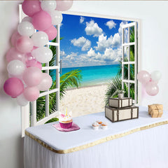Lofaris Fensterblick Strand Hintergrund mit Palmen und türkisem Meer, realistische Fotokulisse für Sommer und Urlaub
