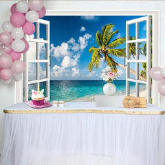 Lofaris Tropischer Fensterblick Strand Fotohintergrund mit Palmen und Meer, sommerliche Kulisse für Urlaubsfotos und professionelle Fotografie