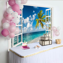 Lofaris Tropischer Fensterblick Strand Fotohintergrund mit Palmen und Meer, sommerliche Kulisse für Urlaubsfotos und professionelle Fotografie