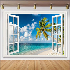 Lofaris Tropischer Fensterblick Strand Fotohintergrund mit Palmen und Meer, sommerliche Kulisse für Urlaubsfotos und professionelle Fotografie