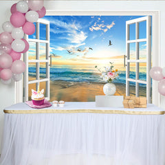 Lofaris Realistischer Fensterblick-Hintergrund mit Meer und Sonnenuntergang, Strandlandschaft Fotowand für Fotografie und Dekoration