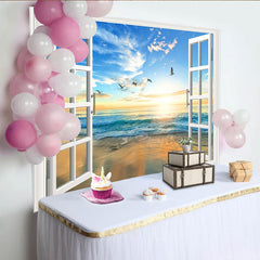 Lofaris Realistischer Fensterblick-Hintergrund mit Meer und Sonnenuntergang, Strandlandschaft Fotowand für Fotografie und Dekoration