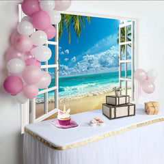Lofaris Offenes Fenster Strandblick Fotohintergrund mit Palmen und türkisem Meer, sommerliche Kulisse für Urlaubsfotos und Studioaufnahmen