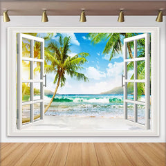 Lofaris Offener Fensterblick Tropischer Strandhintergrund mit Palmen und Meer, sonnige Fotokulisse für Sommerurlaub Fotoshooting