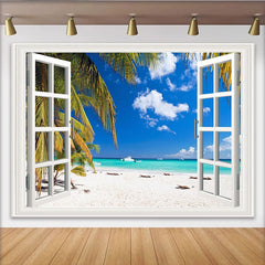 Lofaris Fensterblick Strand Fotohintergrund mit Palmen und blauem Himmel, weißer Sandstrand Kulisse für Sommerparty und Fotostudio