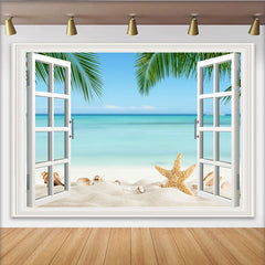 Lofaris Fensterblick-Strandhintergrund mit Palmen und türkisfarbenem Meer, weißer Sand, Seesternen Muscheln, Fotokulisse für Sommerpartys