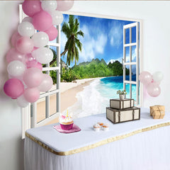 Lofaris Tropischer Fensterblick Strand Hintergrund mit Palmen und Meer, wunderschöne Fotowand für Urlaubsfotos und Wohnzimmerdekoration