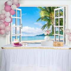 Lofaris Fensterblick tropischer Strand Hintergrund mit Palmen, sommerliche Landschaft Kulisse für Fotostudio und Urlaubsbilder