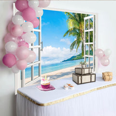 Lofaris Fensterblick tropischer Strand Hintergrund mit Palmen, sommerliche Landschaft Kulisse für Fotostudio und Urlaubsbilder