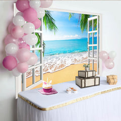 Lofaris Offener Fensterblick Strandhintergrund mit Palmen und blauem Meer, idyllische Fotokulisse für Sommerfotoshootings und Raumdekoration