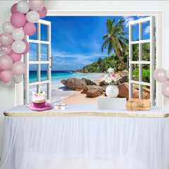 Lofaris Realistischer Fensterblick Strand Fotohintergrund mit Palmen und blauem Meer, perfekte Kulisse für Sommerurlaub Fotoshooting