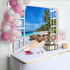 Lofaris Realistischer Fensterblick Strand Fotohintergrund mit Palmen und blauem Meer, perfekte Kulisse für Sommerurlaub Fotoshooting