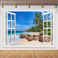 Lofaris Realistischer Fensterblick Strand Fotohintergrund mit Palmen und blauem Meer, perfekte Kulisse für Sommerurlaub Fotoshooting