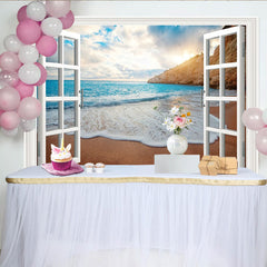 Lofaris Realistischer Fensterblick Fotohintergrund mit Strand und Meer, sonniger Strand Kulisse für Sommerparty und Fotostudio Dekoration