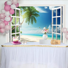 Lofaris Offenes Fenster Strand Hintergrund mit Palme und blauem Meer, sommerliche Kulisse für entspannte Urlaubsfotos und Fotostudio