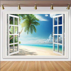 Lofaris Offenes Fenster Strand Hintergrund mit Palme und blauem Meer, sommerliche Kulisse für entspannte Urlaubsfotos und Fotostudio