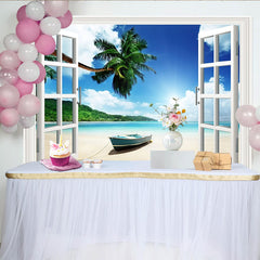 Lofaris Tropischer Fensterblick Strand Fotohintergrund mit Palmen und Meer, perfekte Kulisse für Urlaubsfotos und Sommerparty Dekoration