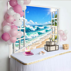 Lofaris Blauer Ozean Strand-Fensterblick-Hintergrund mit Wellen und Palmen, sommerliche Fotokulisse für Urlaubsfotos und Raumdekoration