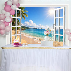 Lofaris Sonniger tropischer Strandlandschaft Hintergrund mit weißem Fenster und Palmen, idyllische Sommerkulisse für Fotostudio