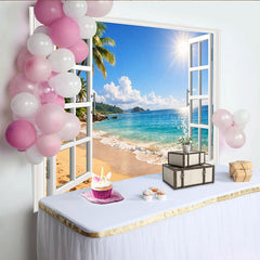 Lofaris Sonniger tropischer Strandlandschaft Hintergrund mit weißem Fenster und Palmen, idyllische Sommerkulisse für Fotostudio