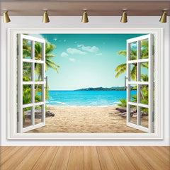Lofaris Tropischer Strand-Fensterblick-Fotohintergrund mit Palmen und blauem Meer, perfekte Kulisse für Sommerurlaub und entspannte Fotografie