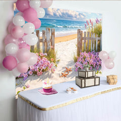 Lofaris Romantischer Blumenstrand Fotohintergrund mit Holzzaun, perfekte Kulisse für Sommerfotoshootings und Urlaubserinnerungen