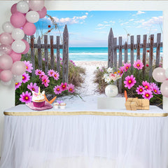 Lofaris Rosa Blumen Sommerstrand Fotohintergrund mit Holzzaun und Meer, natürliche Kulisse für Fotoshooting und Urlaub