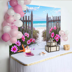 Lofaris Rosa Blumen Sommerstrand Fotohintergrund mit Holzzaun und Meer, natürliche Kulisse für Fotoshooting und Urlaub