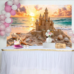 Lofaris Malerischer Sandburg Strand Fotohintergrund mit Sonnenuntergang, Ozean Sommer Kulisse für Kinder und Party Dekoration
