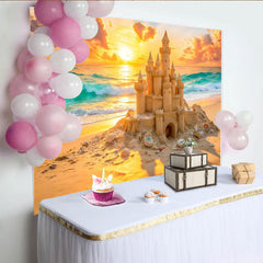 Lofaris Goldener Sonnenuntergang Strandschloss-Hintergrund am Meer, traumhafte Fotokulisse mit Wellen und Muscheln für Sommerfotos