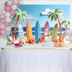 Lofaris Bunter Papier-Schnitt Sommerstrandfotohintergrund mit Surfbrettern Palmen, tropische Kulisse für Urlaubsfotos Dekoration