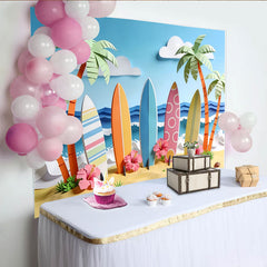 Lofaris Bunter Papier-Schnitt Sommerstrandfotohintergrund mit Surfbrettern Palmen, tropische Kulisse für Urlaubsfotos Dekoration