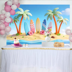 Lofaris Bunter Sommerstrand-Hintergrund mit Surfbrettern und Palmen, ozeanische Kulisse für sommerliche Partydekoration