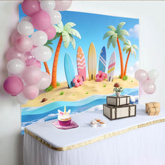 Lofaris Bunter Sommerstrand-Hintergrund mit Surfbrettern und Palmen, ozeanische Kulisse für sommerliche Partydekoration
