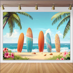 Lofaris Bunter Strand Surf Fotohintergrund mit Palmen und blauen Wellen, ideale Kulisse für Sommerparty und Fotoshooting