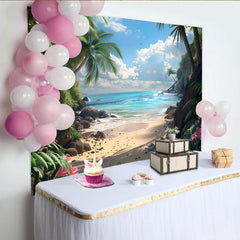 Lofaris Türkiser Meerblick Tropenstrandhintergrund mit Palmen und Blumen, perfekte Fotokulisse für Sommerfotoshootings und Urlaubsdekoration