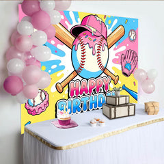 Lofaris Bunter Baseball-Geburtstagshintergrund mit rosa Zuckerguss und Schläger, fröhliche Fotowand für Kinderparty und Fotoshooting