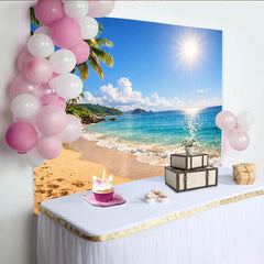 Lofaris Goldener Sommerstrand Hintergrund mit Palmen und türkisfarbenem Meer, perfekte Kulisse für Urlaubsfotos und professionelle Fotografie