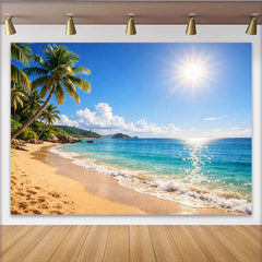 Lofaris Goldener Sommerstrand Hintergrund mit Palmen und türkisfarbenem Meer, perfekte Kulisse für Urlaubsfotos und professionelle Fotografie