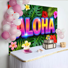 Lofaris Vibranter Aloha Tropenhintergrund mit bunten Blumen und Blättern, farbenfrohe Fotowand für sommerliche Partydekoration