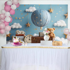 Lofaris Blauer Heißluftballon Babyparty Hintergrund mit Wolken und Sternen, süße Fotokulisse für Neugeborenen- und Kinderfotografie