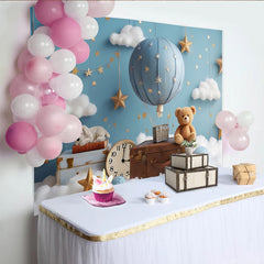 Lofaris Blauer Heißluftballon Babyparty Hintergrund mit Wolken und Sternen, süße Fotokulisse für Neugeborenen- und Kinderfotografie