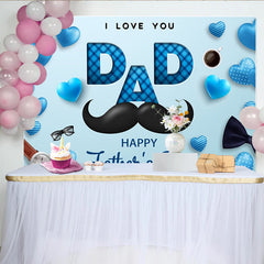 Lofaris Blauer Vatertags-Hintergrund mit Herzen, Schnurrbart und Uhr, elegante Fotowand für Papa, Kaffeeliebhaber und Familienfotos