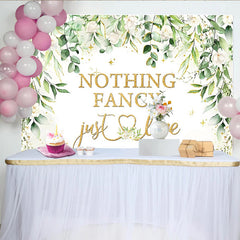 Lofaris Hochzeitshintergrund mit "just love" Schriftzug weißen Rosen goldenem Glitzer, elegante Kulisse für Verlobung und Fotoshooting
