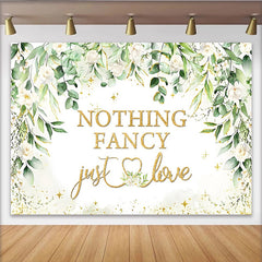 Lofaris Hochzeitshintergrund mit "just love" Schriftzug weißen Rosen goldenem Glitzer, elegante Kulisse für Verlobung und Fotoshooting