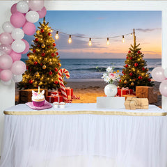 Lofaris Exotischer Strand Weihnachts-Hintergrund mit Lichterkette, festliche Fotowand für Winterparty und Fotoshooting