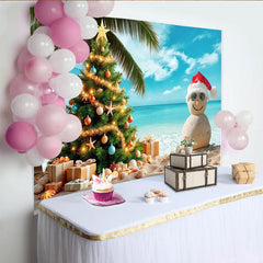Lofaris Tropischer Weihnachtsstrand-Hintergrund mit Sandmann und Palmen, festliche Kulisse für Urlaubsfotoshootings